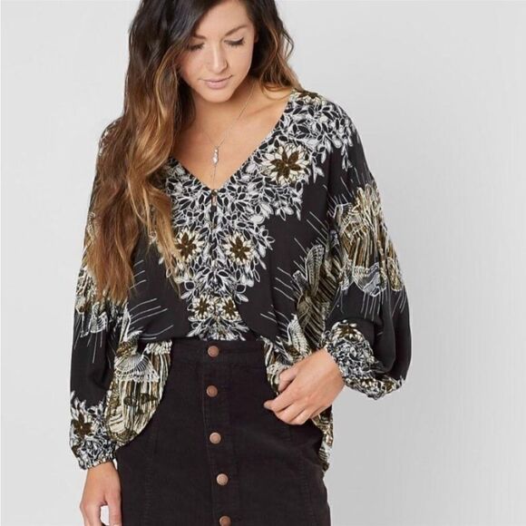 FREE PEOPLE Birds of a Feather Patterned Top Black Brown Beige Women’s Large - Picture 3 of 11
